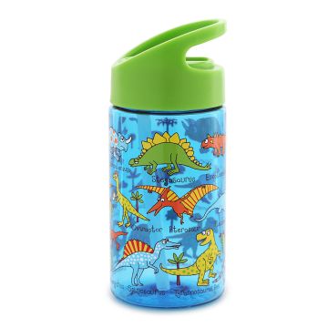 Blue Dinosaur Drinks Bottle showing some of the illustrated dinosaurs and pterosaurs.