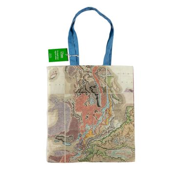 William Smith Tote Bag with blue handles and showing a section of the first geological map of Britain.