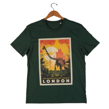 The bottle-green Museum Gardens T-shirt with an orange, yellow and green illustration of the gardens and Fern the Diplodocus skeleton on the front. It is displayed on a coat hanger.