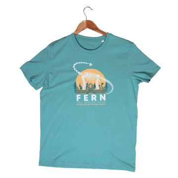 The light-teal Fern T-shirt for adults with Fern the Diplodocus logo on the chest. It's displayed on a clothes hanger.