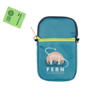 The teal-coloured Fern Crossbody Bag showing the Fern logo and lime-yellow front-pocket zip and packaging label.