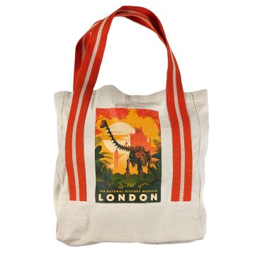 Museum Gardens Tote Bag, made from cream organic cotton with orange straps and an illustration of Fern the Diplodocus in our gardens on the front.