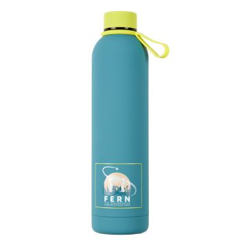 The teal-coloured drinks bottle with its lime-yellow cap and Fern the Diplodocus logo at the bottom.