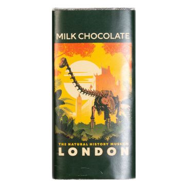 Museum Gardens Milk Chocolate Bar wrapped in silver foil with a dark green paper wrapper showing an orange-yello illustration of Fern the Diplodocus in our gardens.