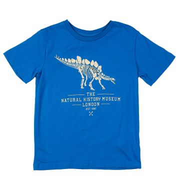 The royal blue Sophie the Stegosaurus T-shirt for Kids, with the cream image of of the skeleton and the words 'The Natural History Museum, London, est 1881'