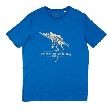 The royal blue Sophie the Stegosaurus T-shirt, with a cream picture of the Stegosaurus skeleton above the words: The Natural History Museum, London, est 1881.