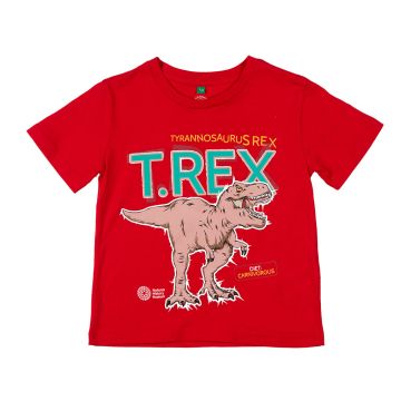 The front side of the red T. rex Facts T-shirt for Kids with an illustration the dinoaur below its two names: Tyrannosaurus rex (in yellow) and T. rex (in blue). The NHM logo and a stamp with 'Diet: Carnivorous' are below it.