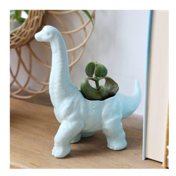 The white Diplodocus Plant Pot with a succulent-type plant growing out of it, styled on a wooden shelf with a mirror behind it.