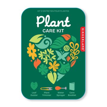 Overhead shot of the Plant Care Kit. On the top of the green tin is an illustration of a heart made up of separate illustrations of wildlife, like plants and flowers. There are also illustrations of its contents: leaf duster, plant trimmer, water sprayer 