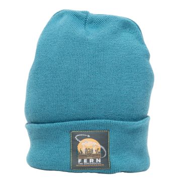 Teal-coloured Fern Beanie with an embroidered patch of Fern the Diplodocus.