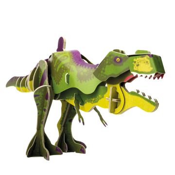 A completed Mini-builds Tyrannosaurus rex, with its green, yellow and purple colouring and jaws open in a roaring pose.