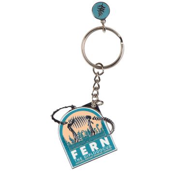 The light-teal Fern Key Ring with the silver tag showing the logo of Fern the Diplodocus.
