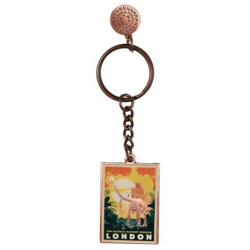 The bronze-coloured Museum Gardens Key Ring with Fern the Diplodocus at sunrise embossed on the tag.