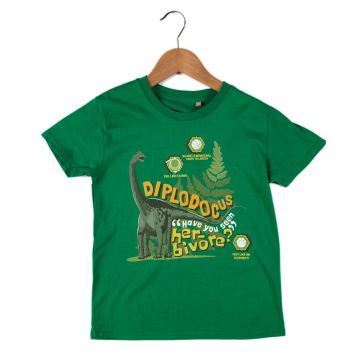The green Have You Seen Her-bivore? Diplodocus T-shirt for Kids on a hanger.