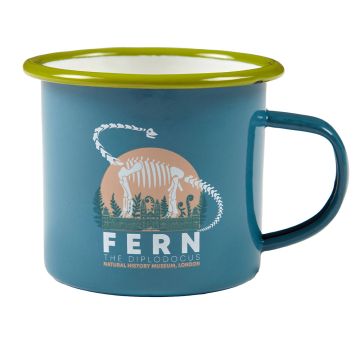 Side-on photo of the teal-coloured Fern Mug, showing its handle and the Fern the Diplodocus logo.