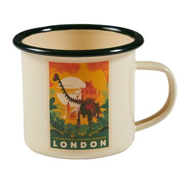 The cream, emamel Museum Gardens Mug, with an illustration on the front of Fern the Diplodocus.