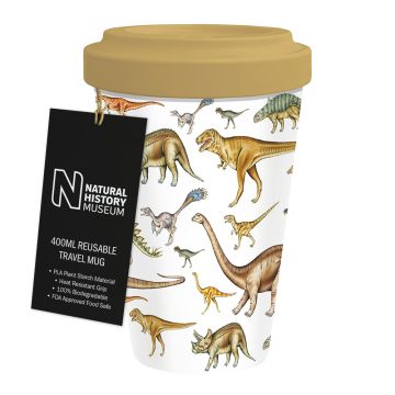 Dinosaurs Reusable Travel Mug  with its label, showing illustrations, including T. rex, Ankylosaurus and Triceratops.