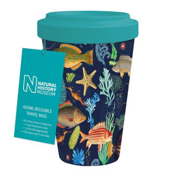 Marine Life Reusable Travel Mug with its label, showing illustrations, including leafy sea dragons and starfish.