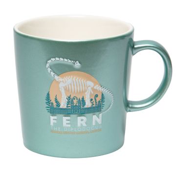 Light-teal Fern Cup with the Fern the Diplodocus logo on the front and the mug's handle on the right.