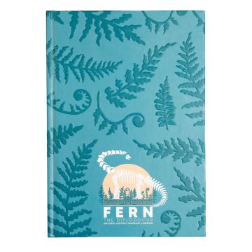 The teal Fern Notebook with the Fern the Diplodocus logo and embossed fern leaves on the front.