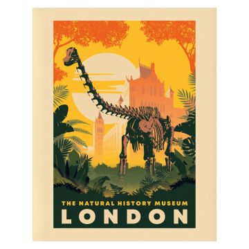 The portrait-orientated print features Fern the Diplodocus skeleton walking through green vegetation, with a yellow and orange coloured backdrop of the towers of the Museum building, trees and a big sun.