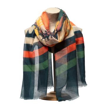 Museum Gardens Scarf draped around a mannequin torso, with the dark teal, orange and cream stripes clearly showing.