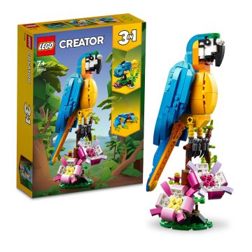 LEGO Creator 3 in 1 Exotic Parrot shown as the blue and yellow parrot alongside its packaging.