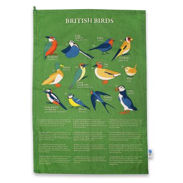 The green British Birds RSPB Tea Towel showing the illustrations and descriptions of 12 birds.