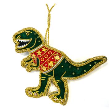 The dark green body of the T. rex decoration is outlined in glittery gold thread, as are the facial features. 