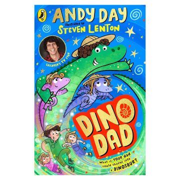 Dino Dad front cover with an illustration of a family turning from humans into dinosaurs, with an inset photograph of Andy Day.