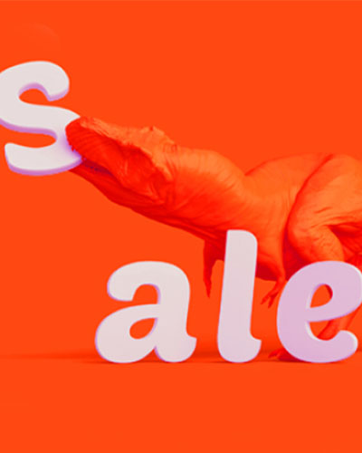 A bright orange T. rex bites the white-coloured letter ‘s’ of the word ‘sale’ against a bright orange backdrop.